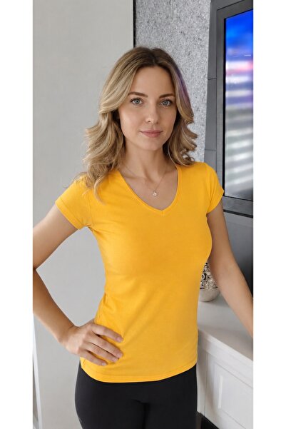moda felinya KADIN KISA KOLLU SARI RENK V YAKA BODY T-SHIRT