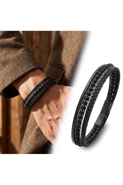 OGHAMAY Mat Onyx Stone 316L Steel Locking Multi-Layer Braided Leather Men's B...