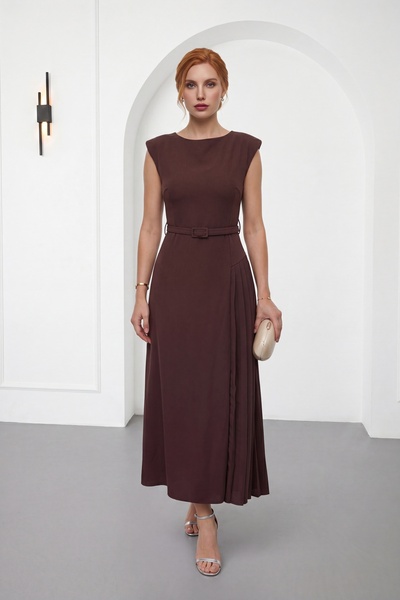 Lafaba Women's Brown Crew Neck Pleated Midi Event Dress