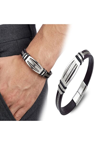 OGHAMAY Leather Cord Steel Rope Men's Bracelet 18394B17D4