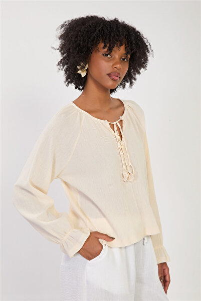 BARRELS AND OIL Women's Collared Lace-Up Long Sleeve Blouse - Natural