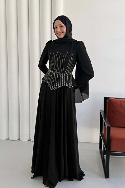 Modaensarbutik Korsaj Görünümlü Taş İşlemeli Tesettür Abiye-SİYAH