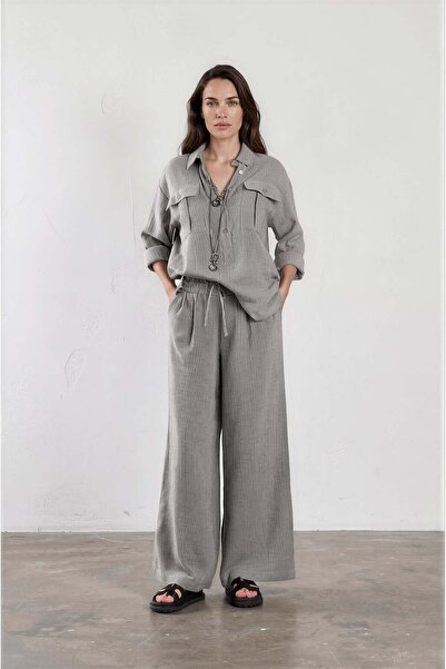 ZYRAH Gray Color Striped 100% Cotton Women's Shirt and Trouser Bottom-Top Set