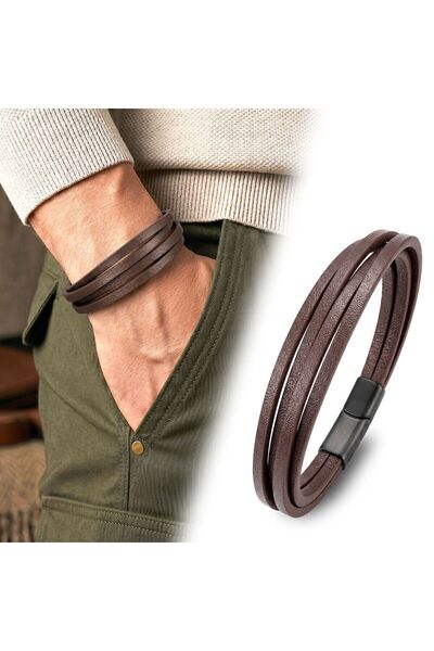 OGHAMAY Brown 4-Piece Pu Leather Multi-Bracelet Set - Zamak Lock 18393B10D7