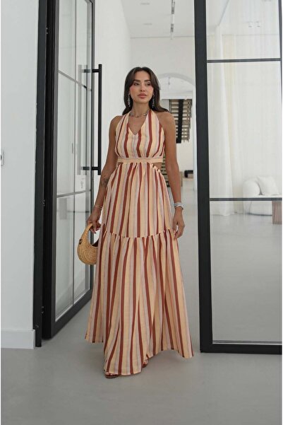 Havoş Colorful Vertical Striped Dress with Tie Detail