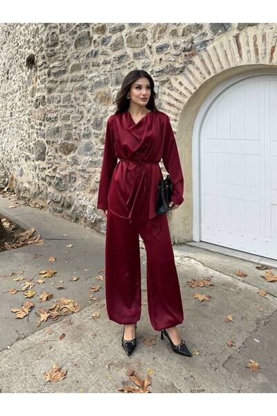 manana fashion Set bluză din satin cu detalii tip șal și pantaloni shalwar