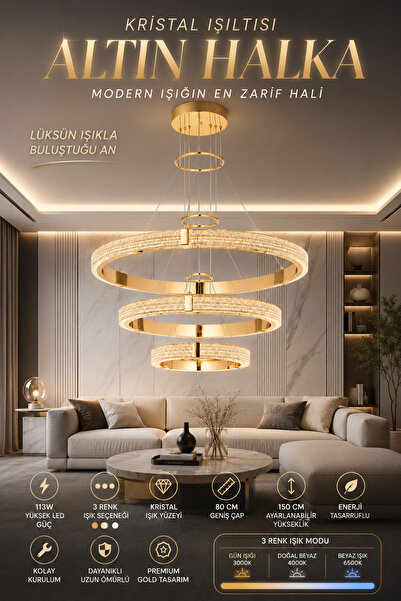 Elvora Home Modern (PREMİUM) Gold Kristal LED Sarkıt Avize Salon Oturma Odası...