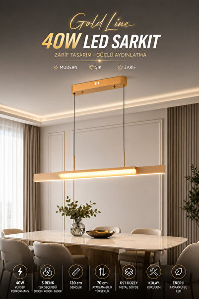 Elvora Home Modern (PREMİUM) LED Sarkıt Avize Gold Kasa Lineer Yemek Masası M...