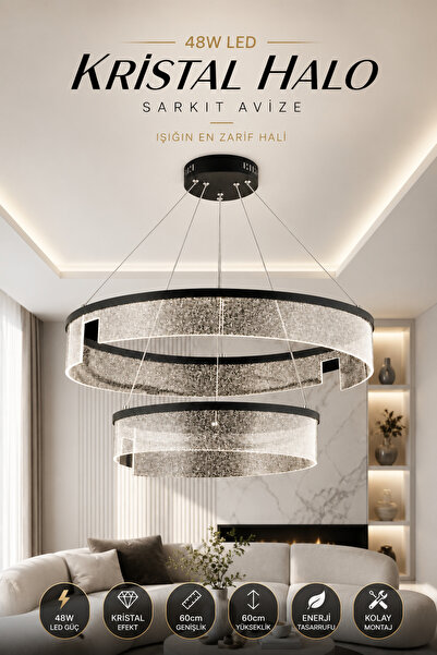 Elvora Home Modern (PREMİUM) Kristal Cam LED Sarkıt Avize Siyah Çift Halkalı ...