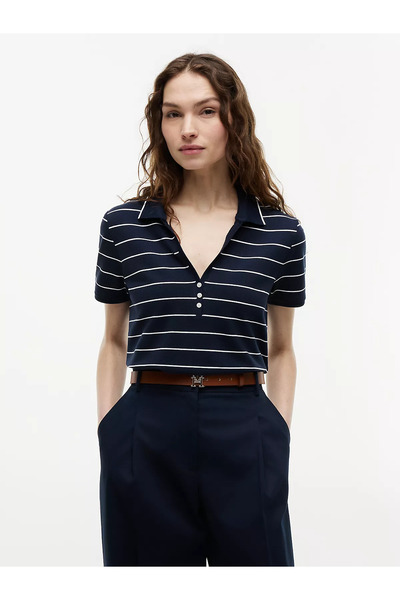 Tommy Hilfiger Kadın Düğme Kapama Kısa Kol %100 Pamuk Lacivert T-Shirt