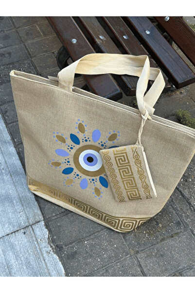 AngelsAccessories Γυναικεία Μεγάλη Υφασμάτινη Τσάντα Θαλάσσης με Μάτι & Μαίανδρο