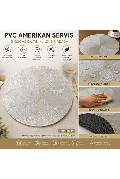 suhika 6'lı PVC Amerikan Servis 38 cm Yuvarlak Su Geçirmez Silinebilir Kaymaz...