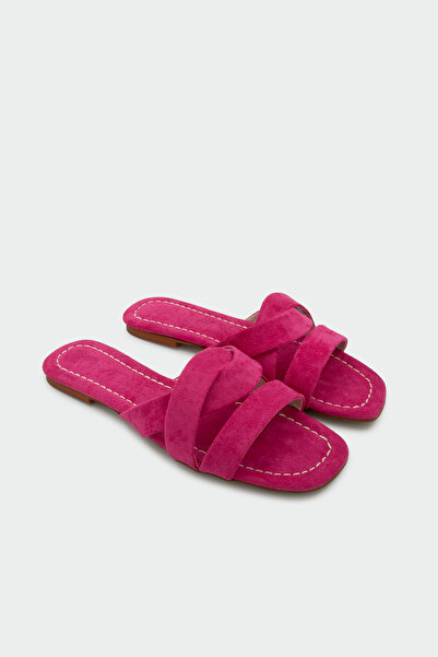 LAMİNTA Karla Asymmetrical Cut Women's Fuchsia Suede Flat Slippers