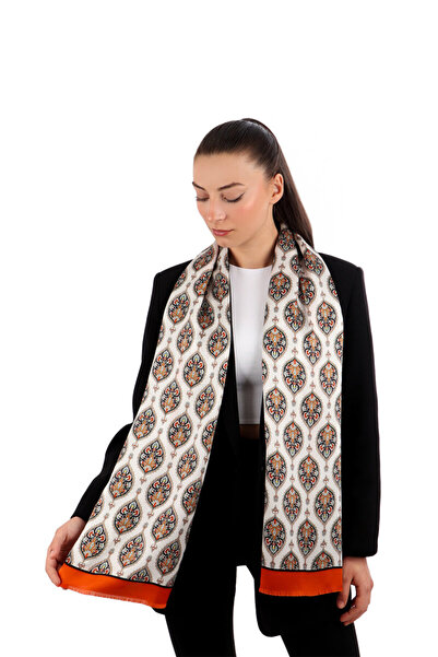 Bursa İpek Orange Hatai Pattern Narrow Silk Scarf