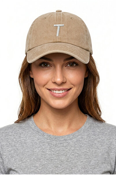 ŞapkaMania Beige Embroidered Washable Vintage Unisex Hat with Letter t
