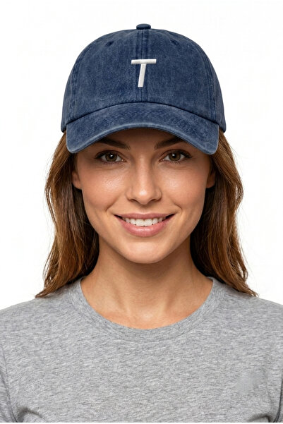 ŞapkaMania Letter t Navy Blue Embroidered Washable Vintage Unisex Hat