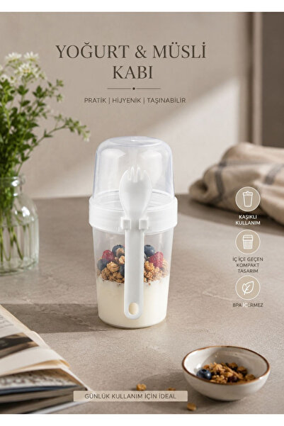 Store HGY Home Kaşıklı Yoğurt ve Müsli Kabı - Taşınabilir 2 Katlı Atıştırmalı...