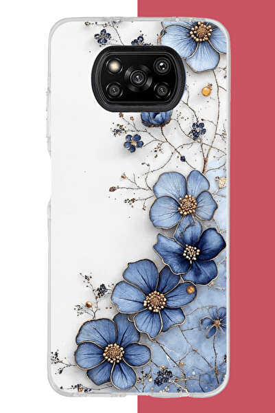 Aksesuarist Poco X3-X3 PRO-NFC Uyumlu mavi çiçek UV Baskılı Silikon Kılıf