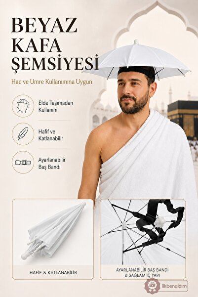 İlkbenaldim Umbrelă de cap albă, tip pălărie, pentru Hajj și Umrah