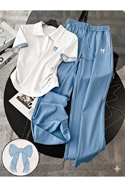 sajarsln Bowknot Embroidery Detailed Polo Collar Top and Bottom Set Scuba Fab...