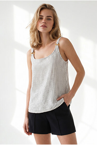 Olalook Women's Black Ring Accessory Striped Muslin Bell Blouse Blz-19002958