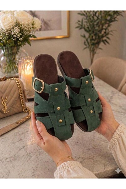 Tubi Kadın Ayarlanabilir Tokalı Ortopedik Şık Bantlı Ergonomik Taban Süet Terlik