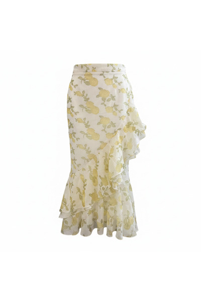 Generic 2 TRENDY Women's Yellow Floral Ruffle Asymmetrical Midi Skirt