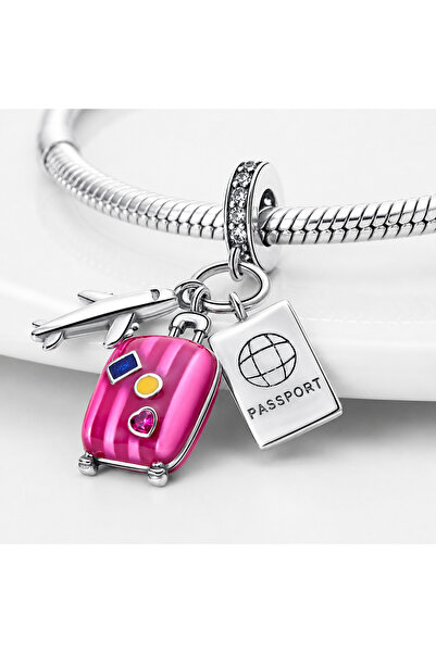 Store 925 Ayar Saf Gümüş Uçak Pasaport Bavul Charm Seyahat Temalı Pembe Valiz...