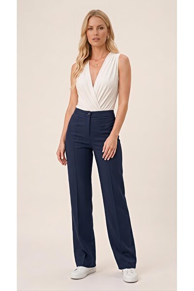 moda benna Women's Navy Blue Crepe Palazzo Trousers with Elastic Waist, Full ...