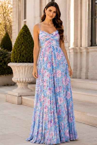 FashionForYou Rochie lungă plisată NYSA cu cupe buretate și legătură la spate...