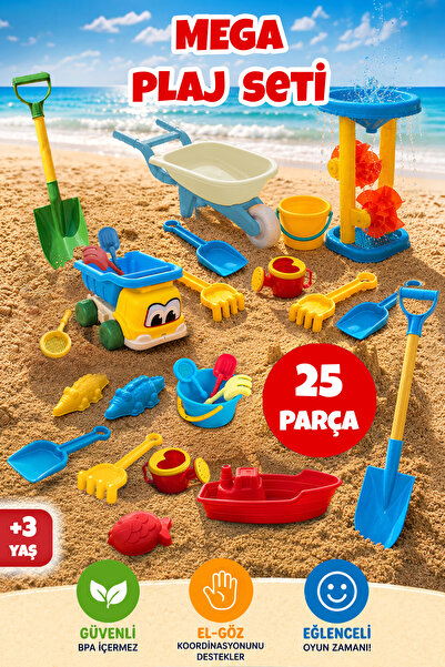 Meleni Toys 25 Parça Mega Plaj Oyun Seti - El Arabası ve Değirmenli Karma Den...