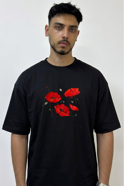 Anetos Μαύρο μπλουζάκι με σχέδιο Red Poppy, με στάμπα και σε μεγάλο μέγεθος