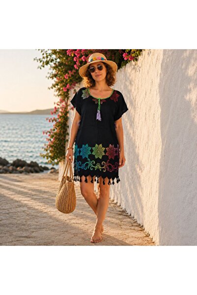 BIJUTERI Par-13011 Black Rainbow Paisley and Mandala Patterned Beach Dress & ...