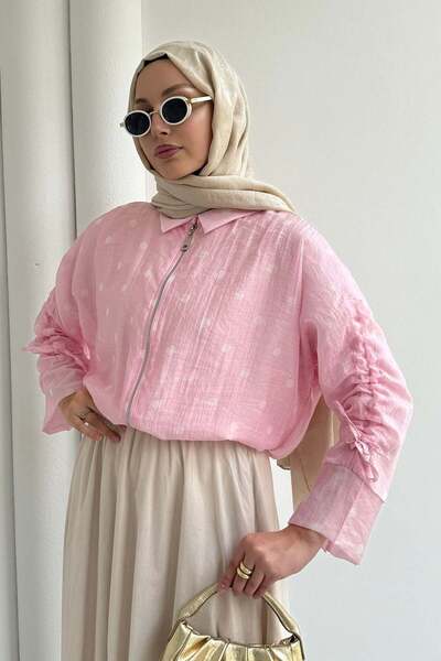 Modaensarbutik Puantiyeli Kısa Crop Bomber Ceket-PEMBE