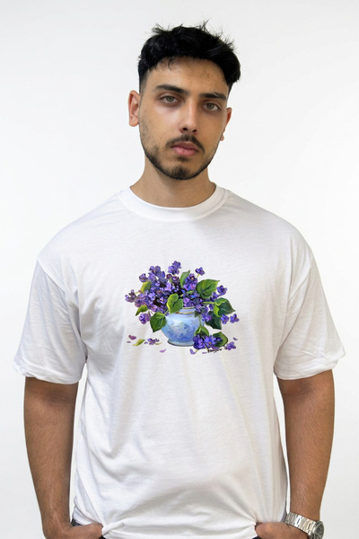Anetos Λευκό μπλουζάκι με σχέδιο Violet Vase, εμπριμέ, σε μεγάλο μέγεθος