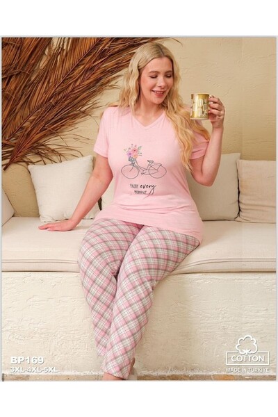 yula store Large Size Short Sleeve V-Neck Women's Pajama Set 100% Cotton
