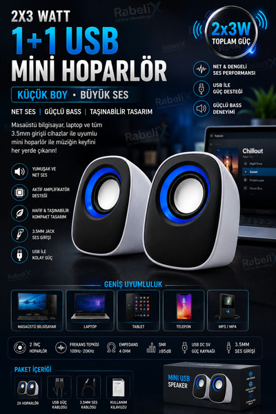 Rabelix Online Marketing 2x3W Mini 1+1 USB Hoparlör Speaker | 3.5mm Stereo Gi...