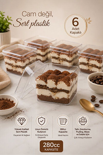Poşetçi 6'lı Kare Tiramisu Cup 280 cc Mika Kase Plastik Şeffaf Kapaklı Sunum ...