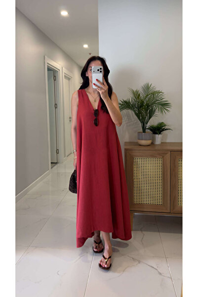 BİRCANÇİL Folse Tile Sleeveless Linen Dress