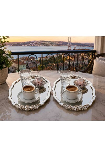 SUNVERA ÇELİK 6 Adet Oval Güllü Gümüş Renk Paslanmaz Çelik Aynalı Sunum Tepsi...