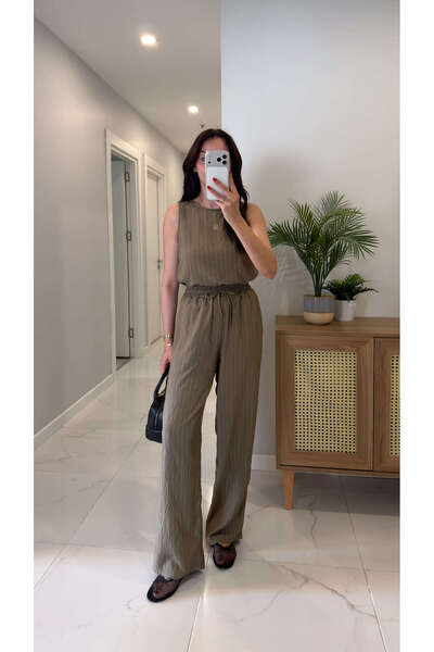 BİRCANÇİL Md Vude Khaki Striped Sleeveless Blouse Pants Set
