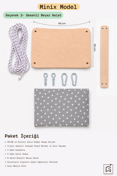 Galery Wood Minix Kavisli Ahşap Çocuk Salıncağı 45x30 cm Minderli Sırt Dayama...