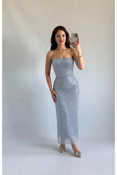 ayşenur Dinçer butik Mermaid Midi Straplez Abiye Bebe Mavisi