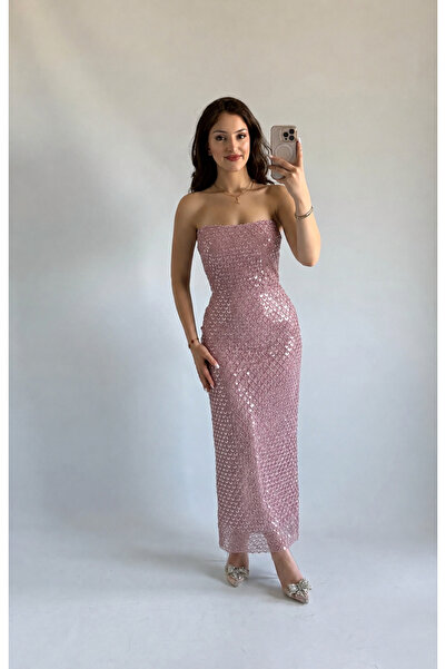 ayşenur Dinçer butik Mermaid Midi Straplez Abiye Pudra