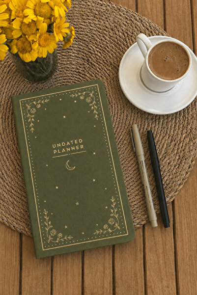 inkglo Vintage Linen Hard Cover Gold Gilded Dotted Notebook 10X20Cm Khaki Green