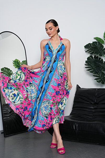 NAVY Long Oversized Dress with Halter Neck Detail and Backless Slit