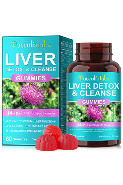 ACENTIALLABS Jeleuri Detoxifiere Ficat 14-în-1, 60 Bucăți, Cu Silimarină, Glu...