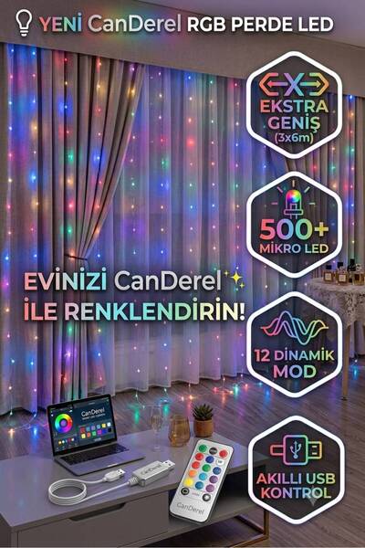Canderel Kumandalı 8 Ayrı Moda Sahip 3mx3m RGB ( 300 Cm X 300 Cm ) Perde Peri...