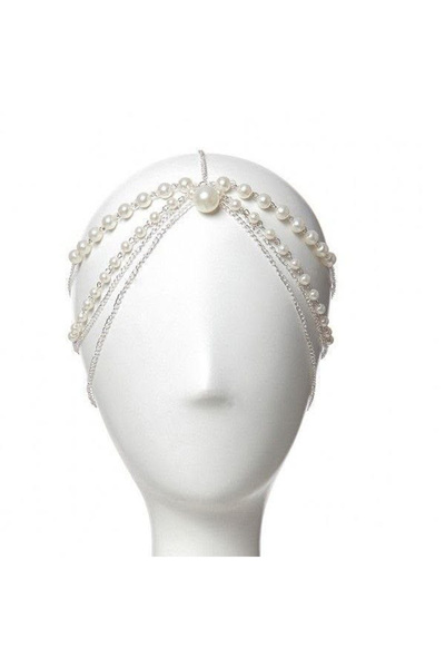 Shiklik Accesoriu de păr pentru femei cu lanț de perle de culoare argintie