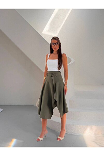 MADAME MELEK Premium Bondit Fabric Belt Detailed Asymmetrical Cut Midi Skirt
